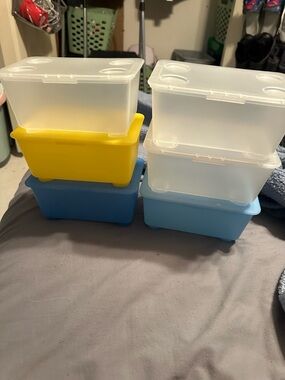 Set of 6 Stackable Plastic Storage Boxes in Blue, Yellow and Clear